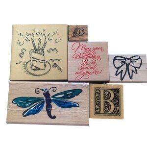 Wooden Rubber Stamp Set Birthday Cake Dragonfly Bow Ladybug Crafts